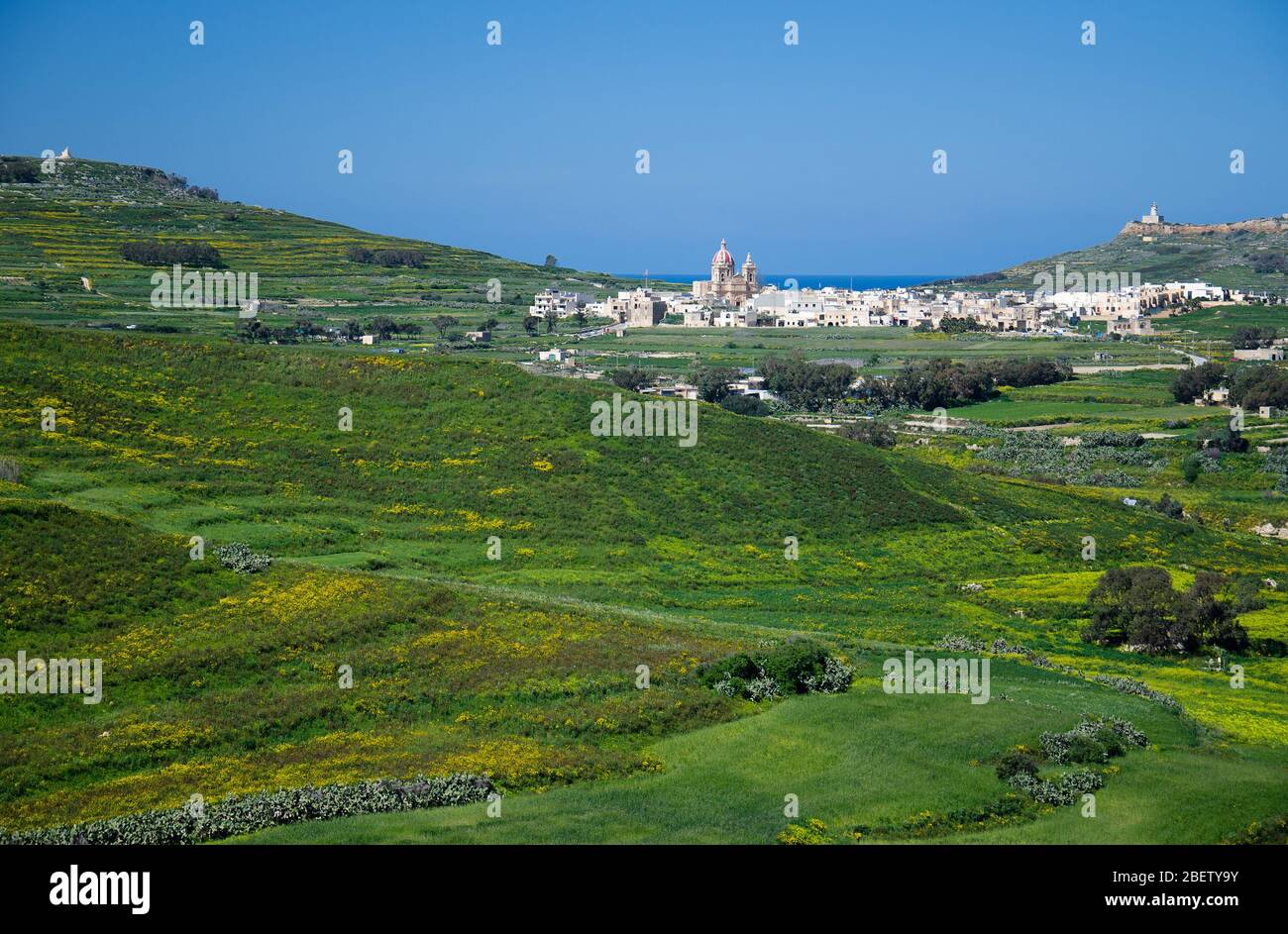 Gozo Rural Side Arial view of green Gozo island and villages from the old medieval ...