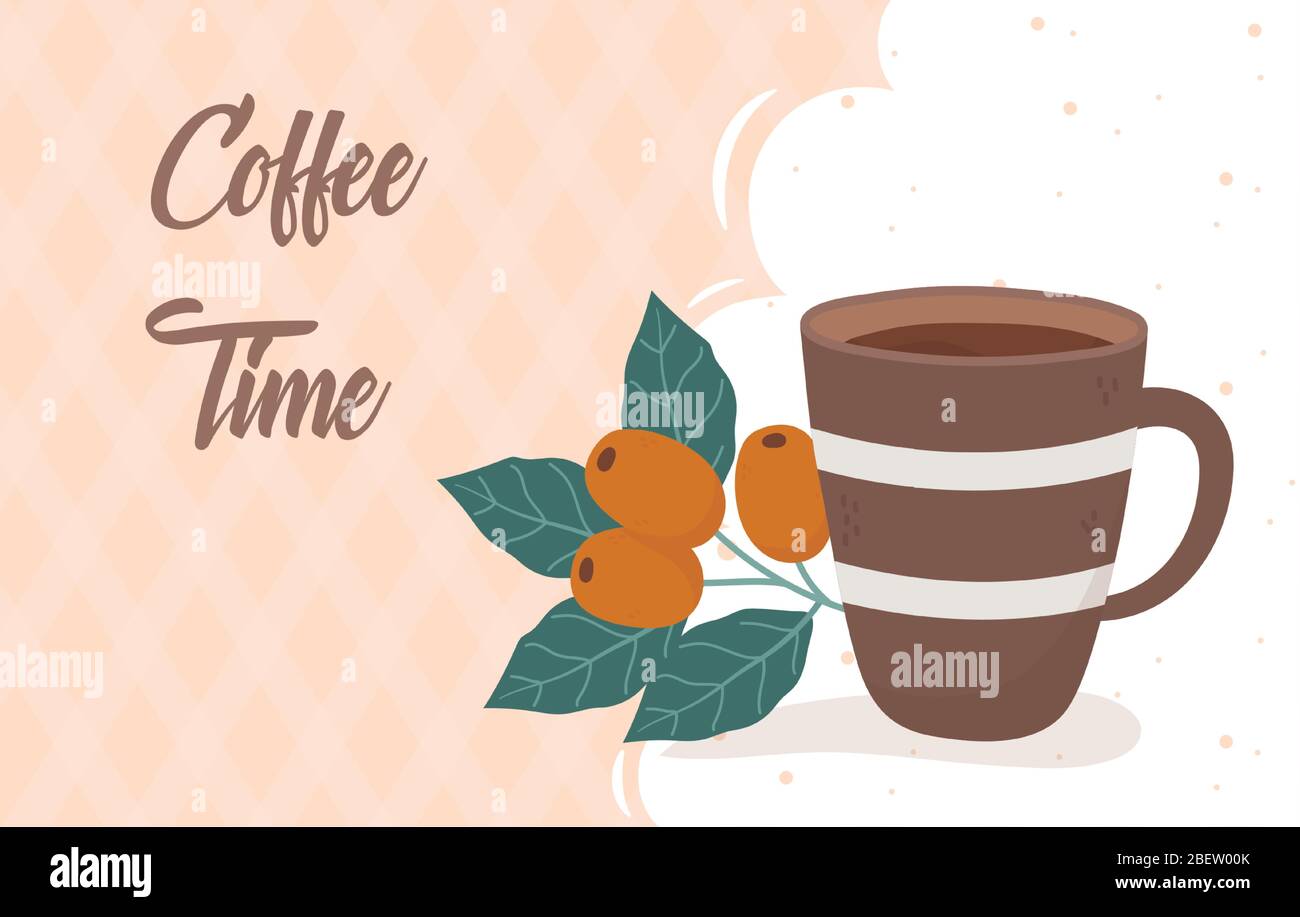 coffee time, coffee cup and beans leaves fresh beverage vector