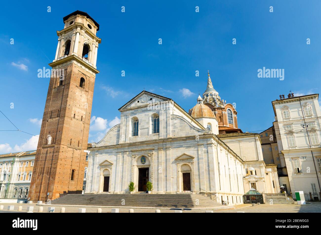Duomo di Torino San Giovanni Battista catholic cathedral where the Holy Shroud of Turin is rested with bell tower and Sacra Sindone chapel on square i Stock Photo