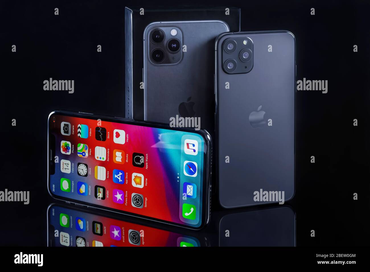 Galati, Romania - March 23, 2020: Apple launch the new smartphone iPhone 11 Pro and iPhone XS Max. iPhone Xs Max front view and iPhone 11 Pro back vie Stock Photo