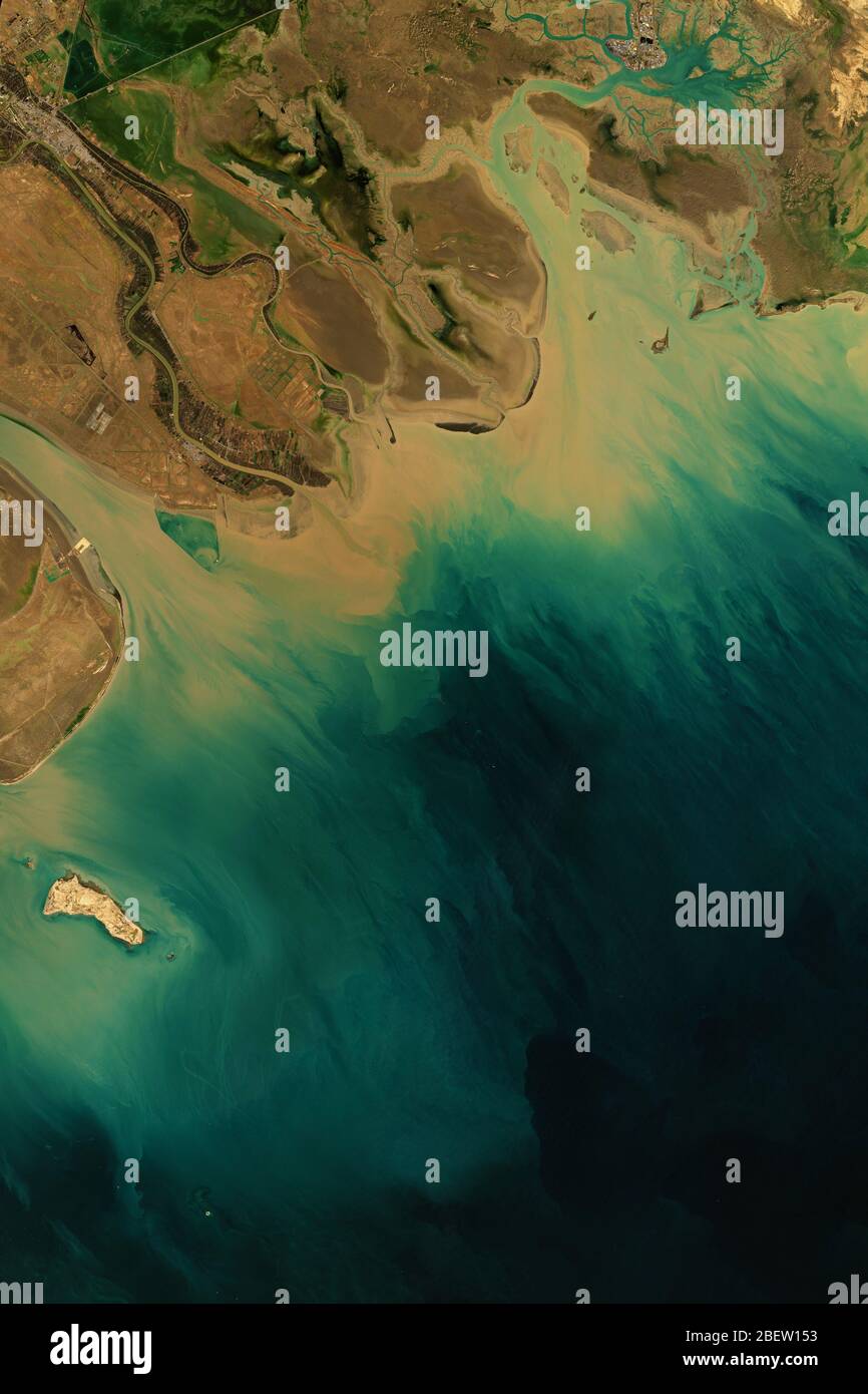 Turbidity structures in the Persian Gulf caused by river Shatt al-Arab and Musa Bay- contains modified Copernicus Sentinel data [2019] Stock Photo