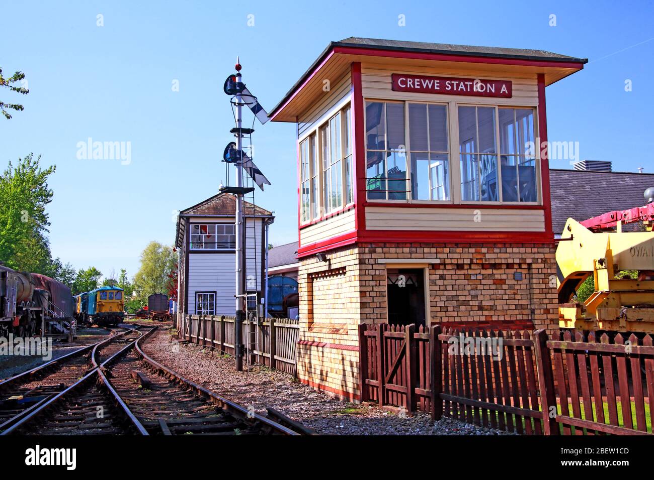 Crewe Station A, Signal Box from 1985 and siding, Cheshire,England, UK Stock Photo