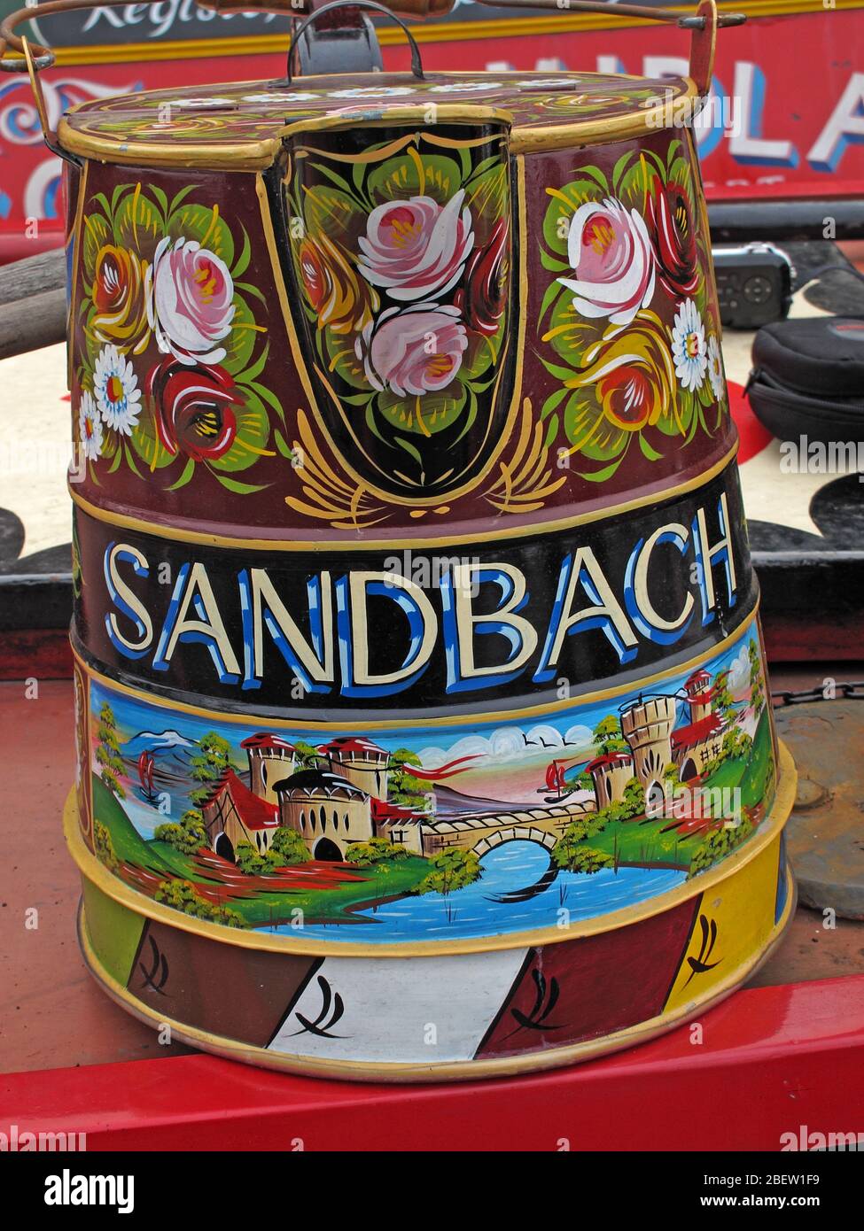 Canal waterways bucket decorated in colour dedicated to Sandbach, Cheshire, England, UK Stock Photo