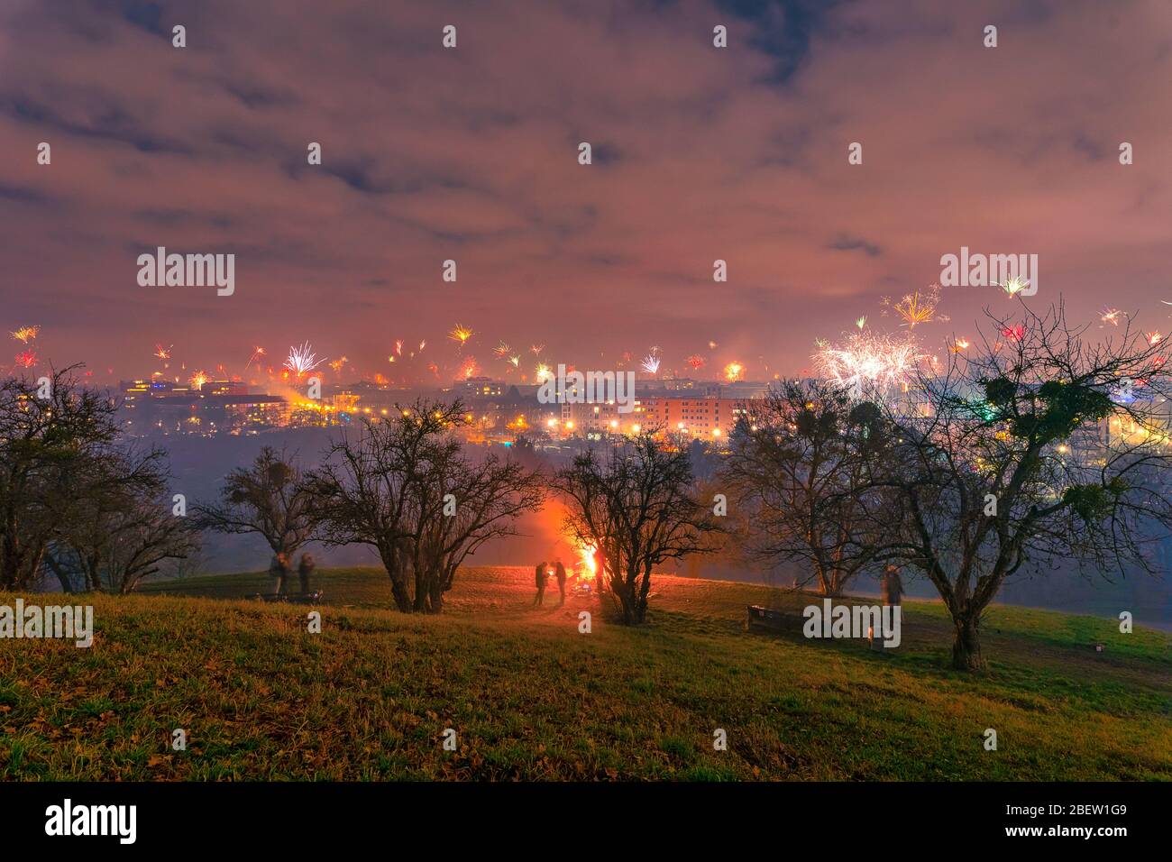 New Year's Eve Party with fireworks and the view at munich. Stock Photo