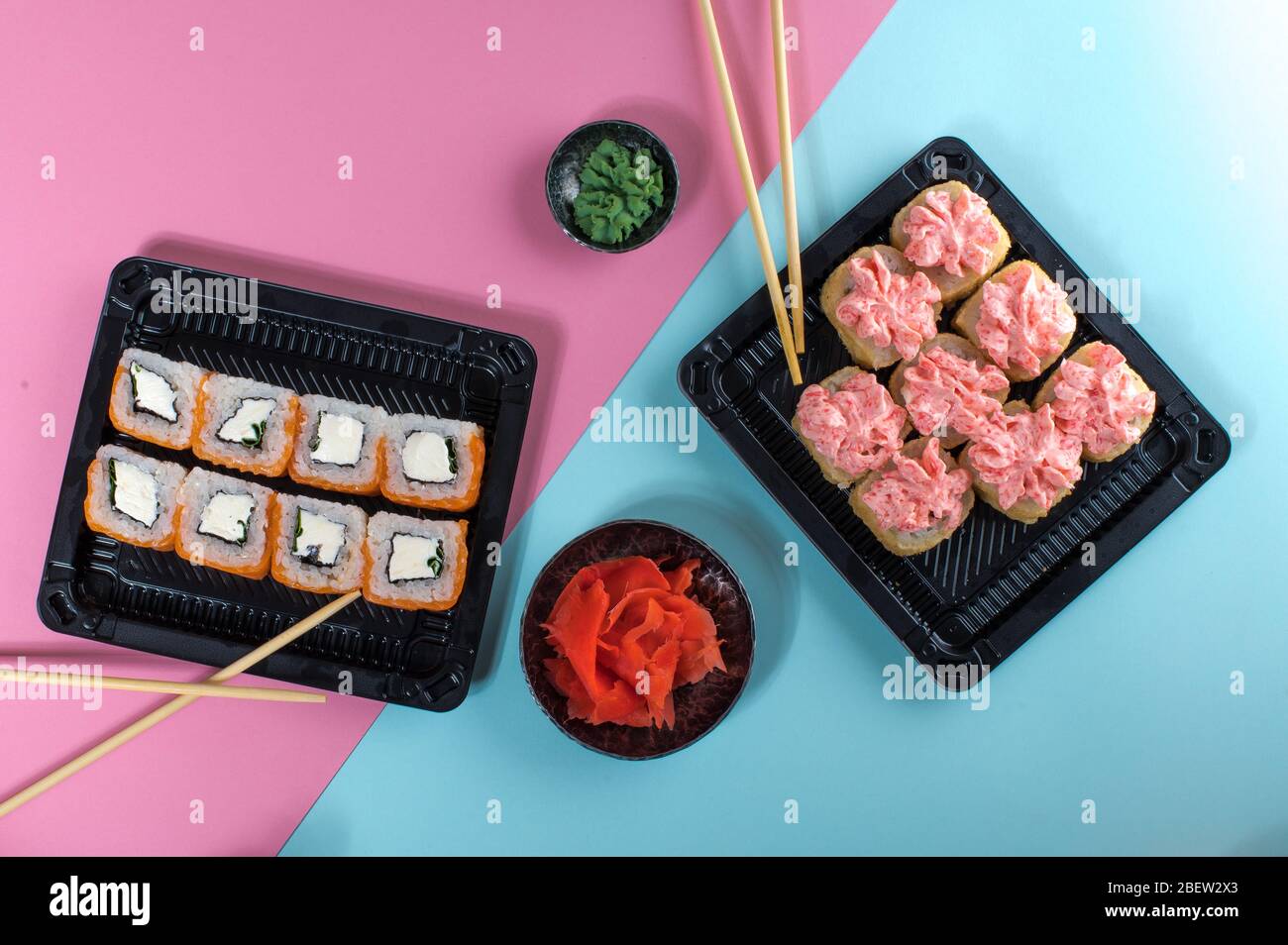 Japanese food restaurant delivery service. Set of sushi rolls in