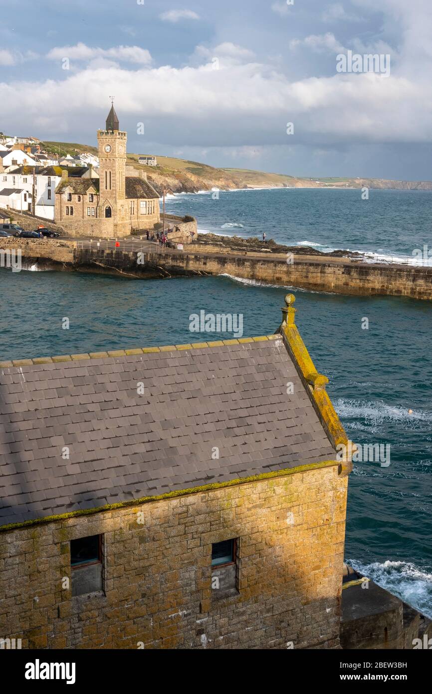 View across Portleven, Cornwall showing the clock tower Stock Photo Alamy