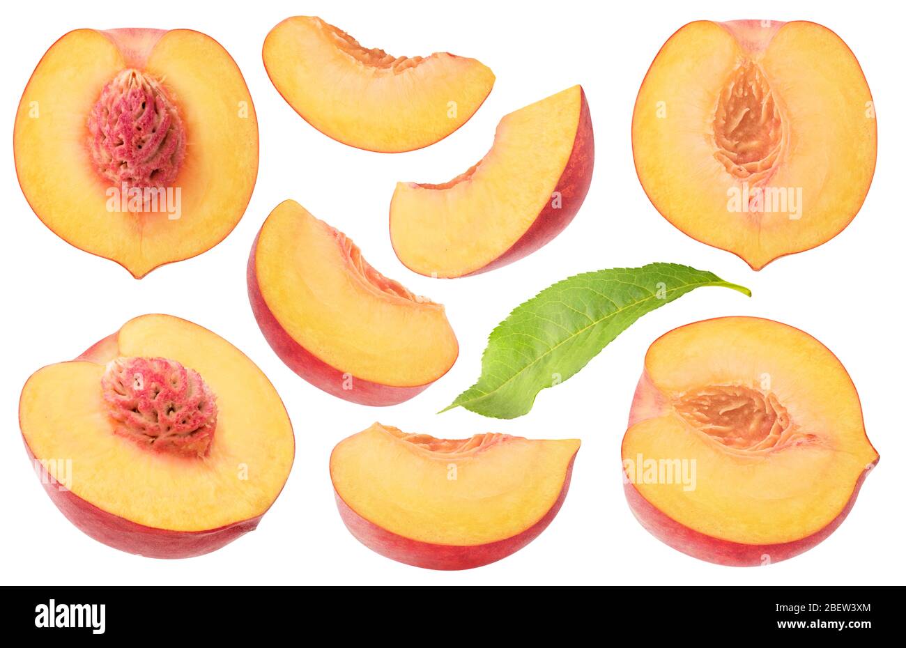 Isolated peaches collection. Pieces of fresh peach fruits of different shapes isolated on white background Stock Photo