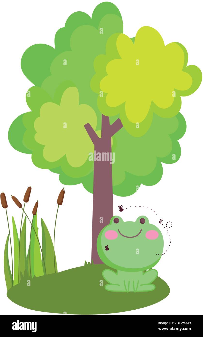 farm animals frog with flies flying tree foliage nature cartoon vector ...