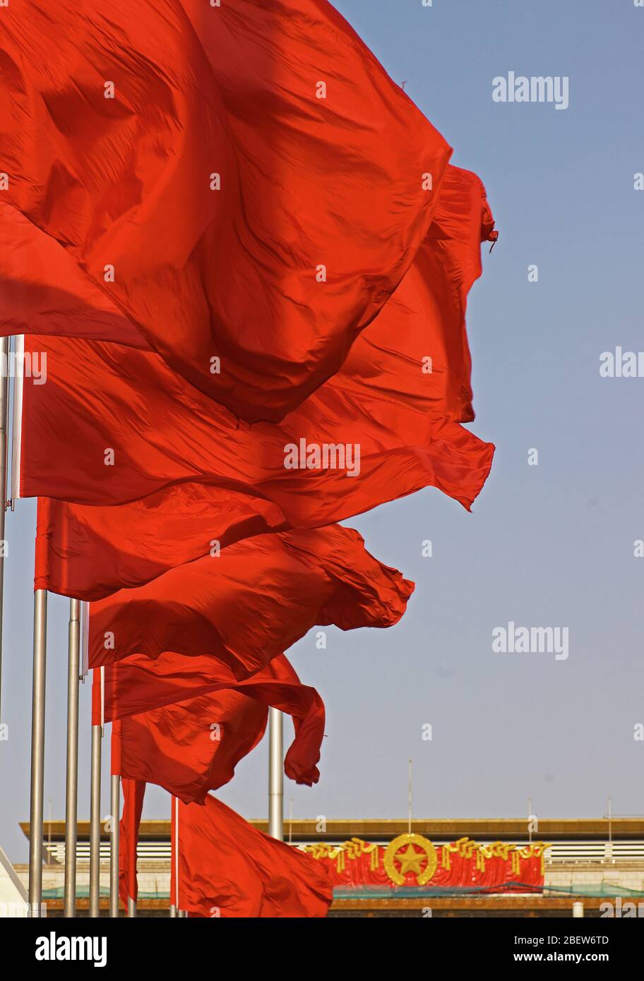 red flags on Tiananmen square in Beijing Stock Photo