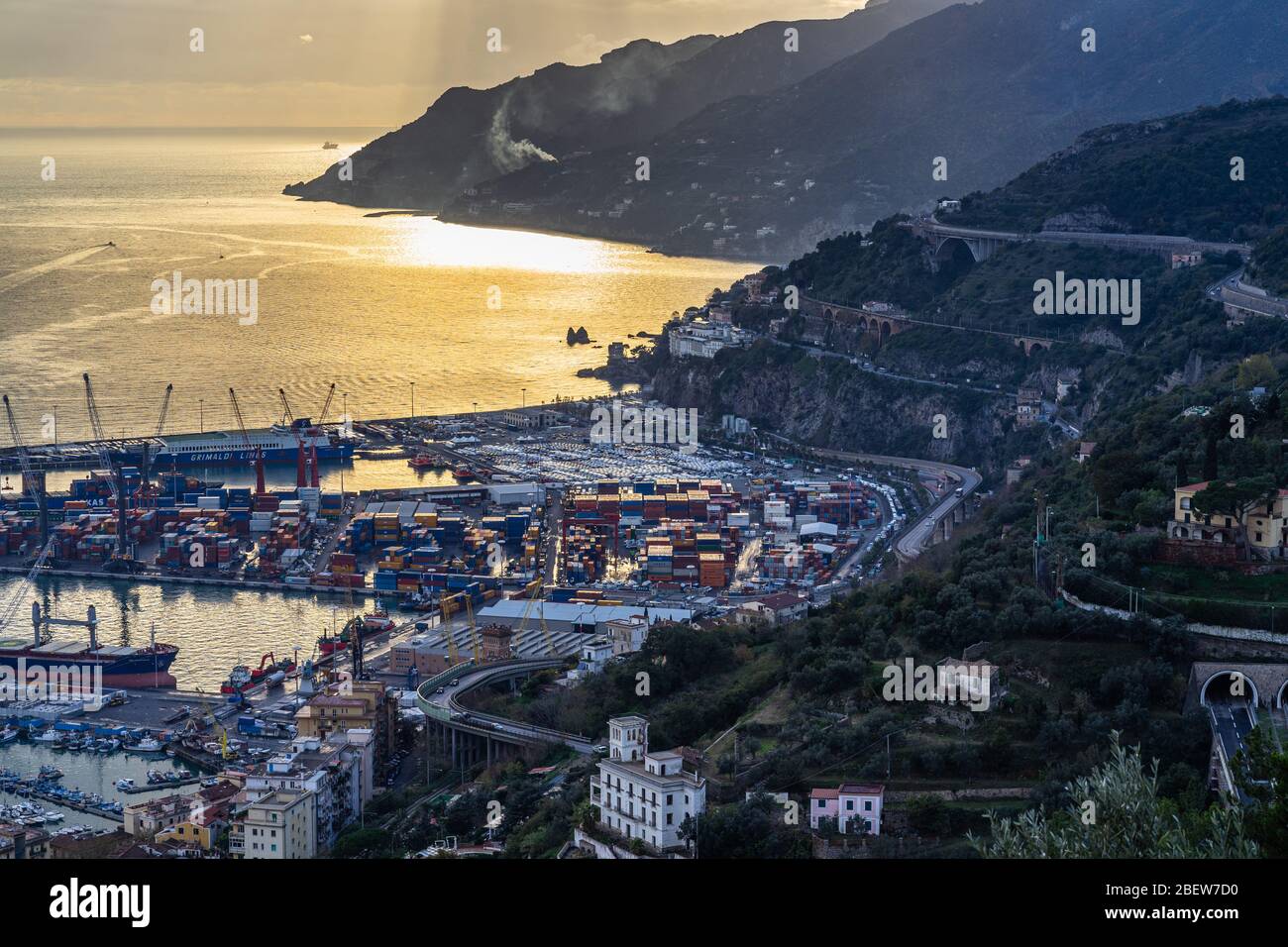 Scenic aerial view at sunset of Salerno and Amalfi coast from Arechi castle, Campania, Italy Stock Photo