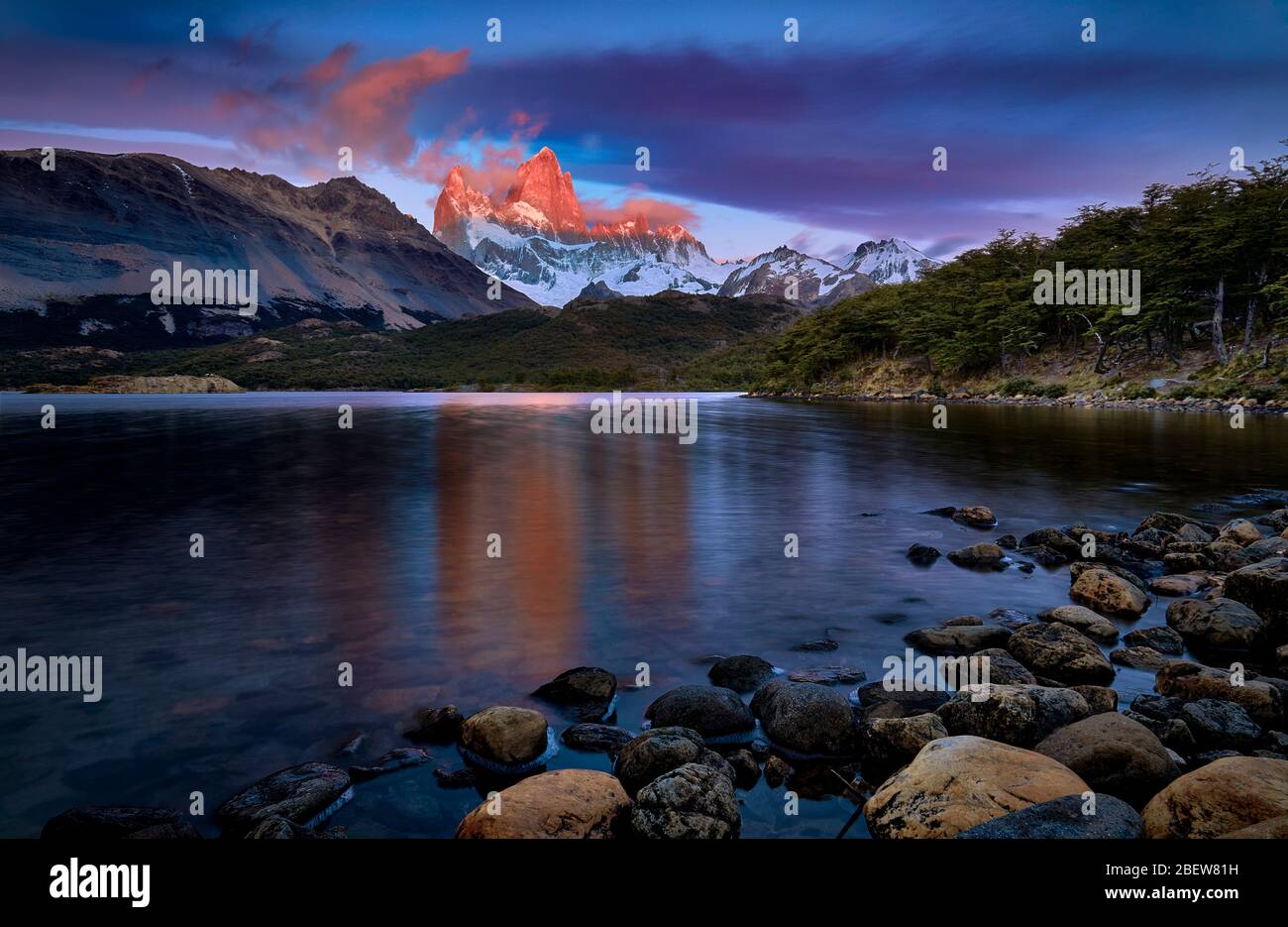 Fitz Roy Mount at Capri Lagoon, during sunrise. Santa Cruz, Argentina Stock Photo