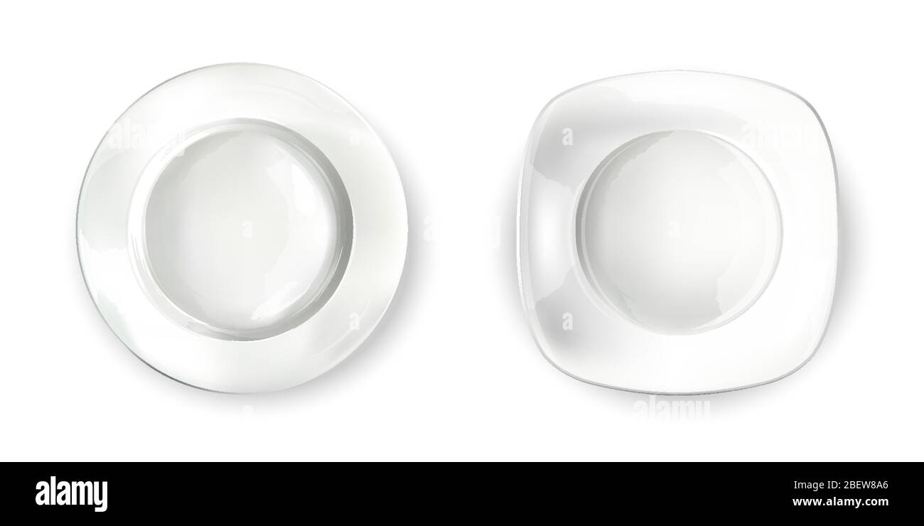 Two empty white plates of different shapes. Stock Vector