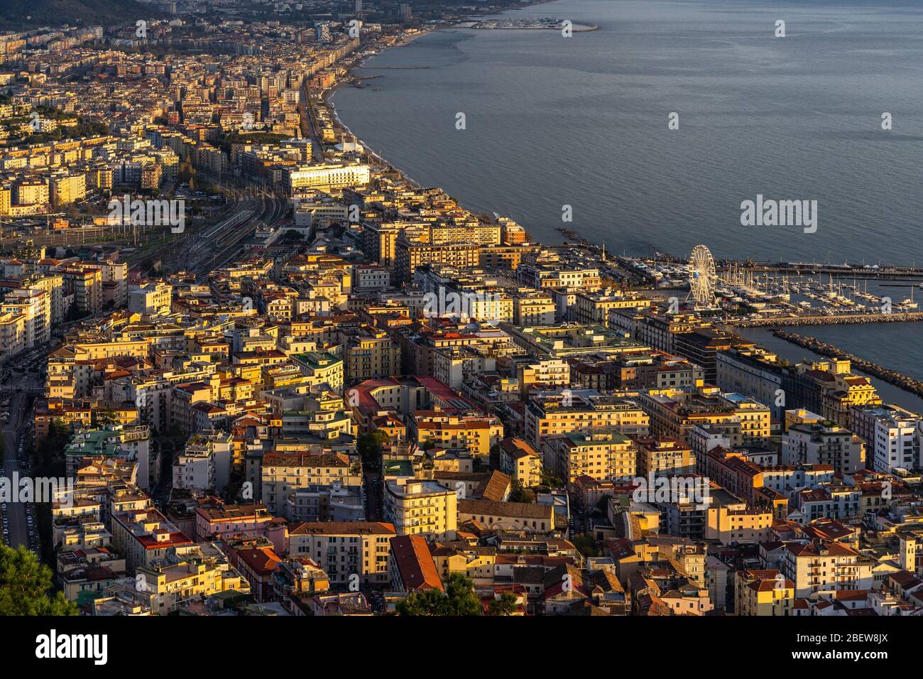 Aerial view of Salerno historic center at sunset from the Arechi Castle, Campania, Italy Stock Photo