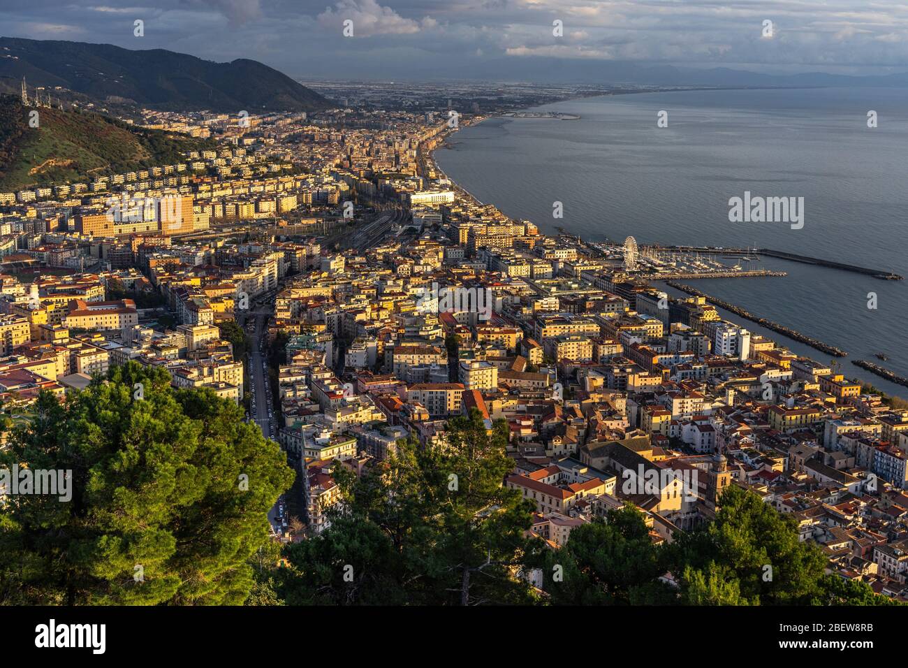 Scenic panoramic view of Salerno at sunset, seen from Arechi Castle, the best viewpoint of the city, Campania, Italy Stock Photo