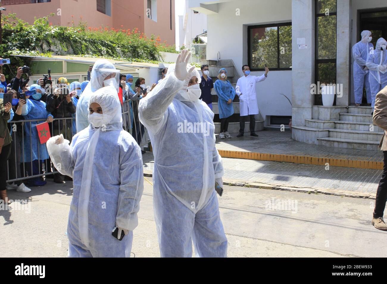 (200415) -- CASABLANCA (MOROCCO), April 15, 2020 (Xinhua) -- Patients recovered from COVID-19 leave a hospital in Casablanca, Morocco, on April 15, 2020. The Moroccan Ministry of Health reported Wednesday 136 new confirmed cases of COVID-19 in the last 24 hours, bringing the total number of confirmed cases to 2,024. The number of recoveries reached 229 and some 80 patients are being treated in intensive care units, the ministry said. (Xinhua) Stock Photo