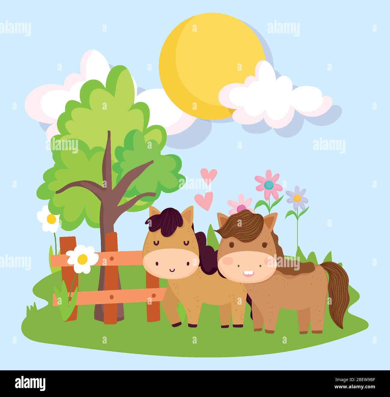 farm animals couple horses flowers fence and tree cartoon vector ...