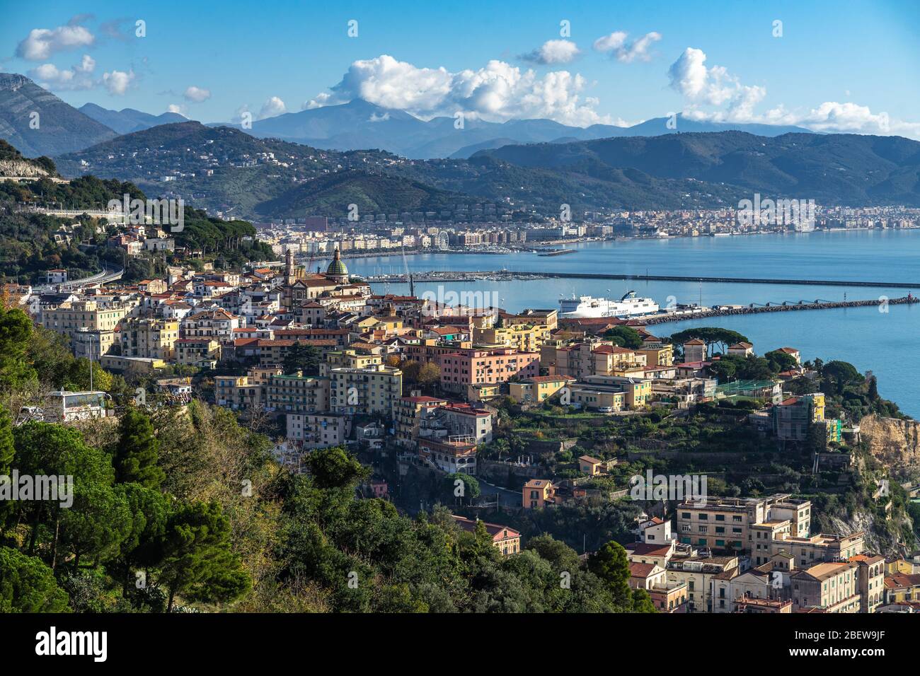Panoramic view of the Gulf of Salerno with Vietri town in the foreground and Salerno port in the background, Campania, Italy Stock Photo
