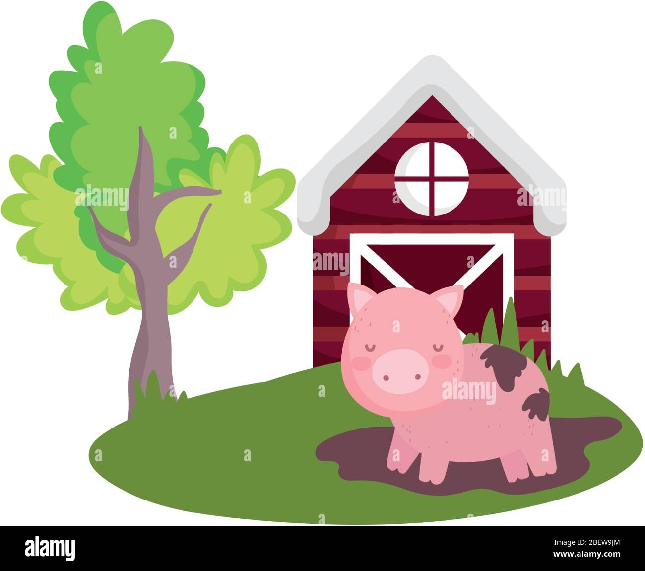 pig in mud grass farm barn tree animal isolated icon on white background vector illustration Stock Vector