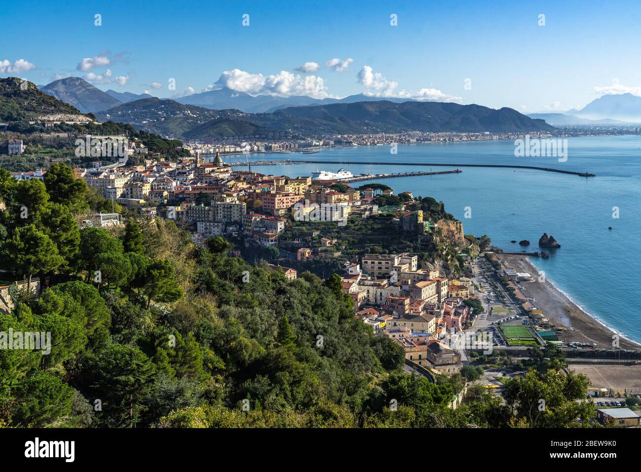 Panoramic view of the Gulf of Salerno with Vietri town in the foreground and Salerno port in the background, Campania, Italy Stock Photo