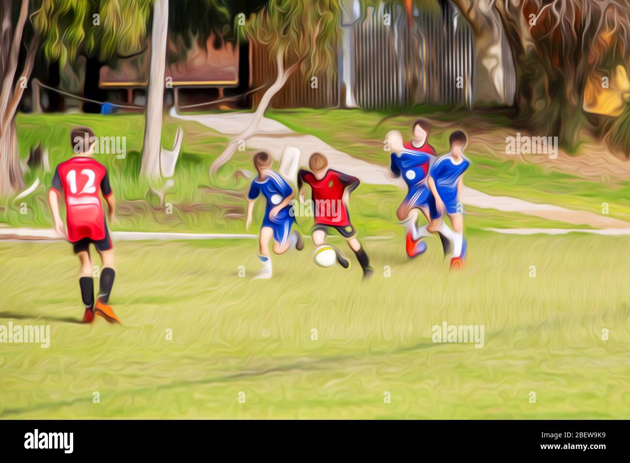 Boys soccer match edited with a cartoon effect. Football game between red  and blue teams Stock Photo - Alamy