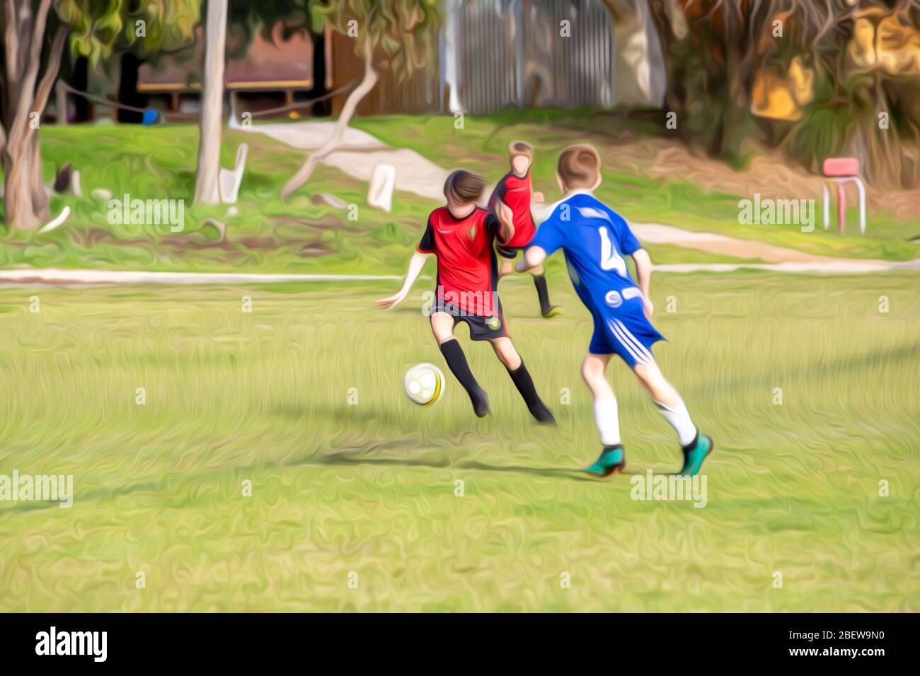 Boys soccer match edited with a cartoon effect. Football game between red and blue teams. Stock Photo