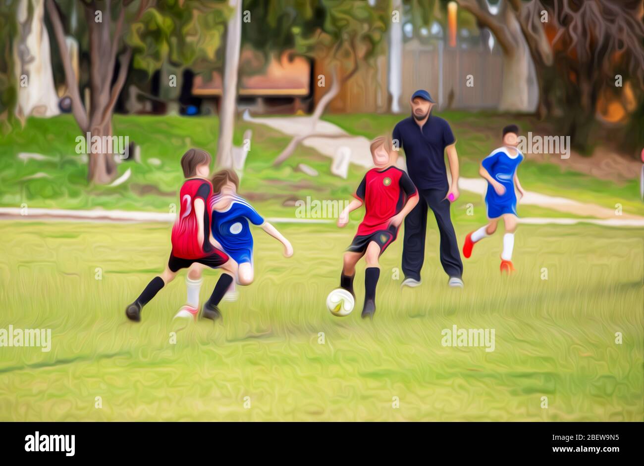Boys soccer match edited with a cartoon effect. Football game between red and blue teams. Stock Photo