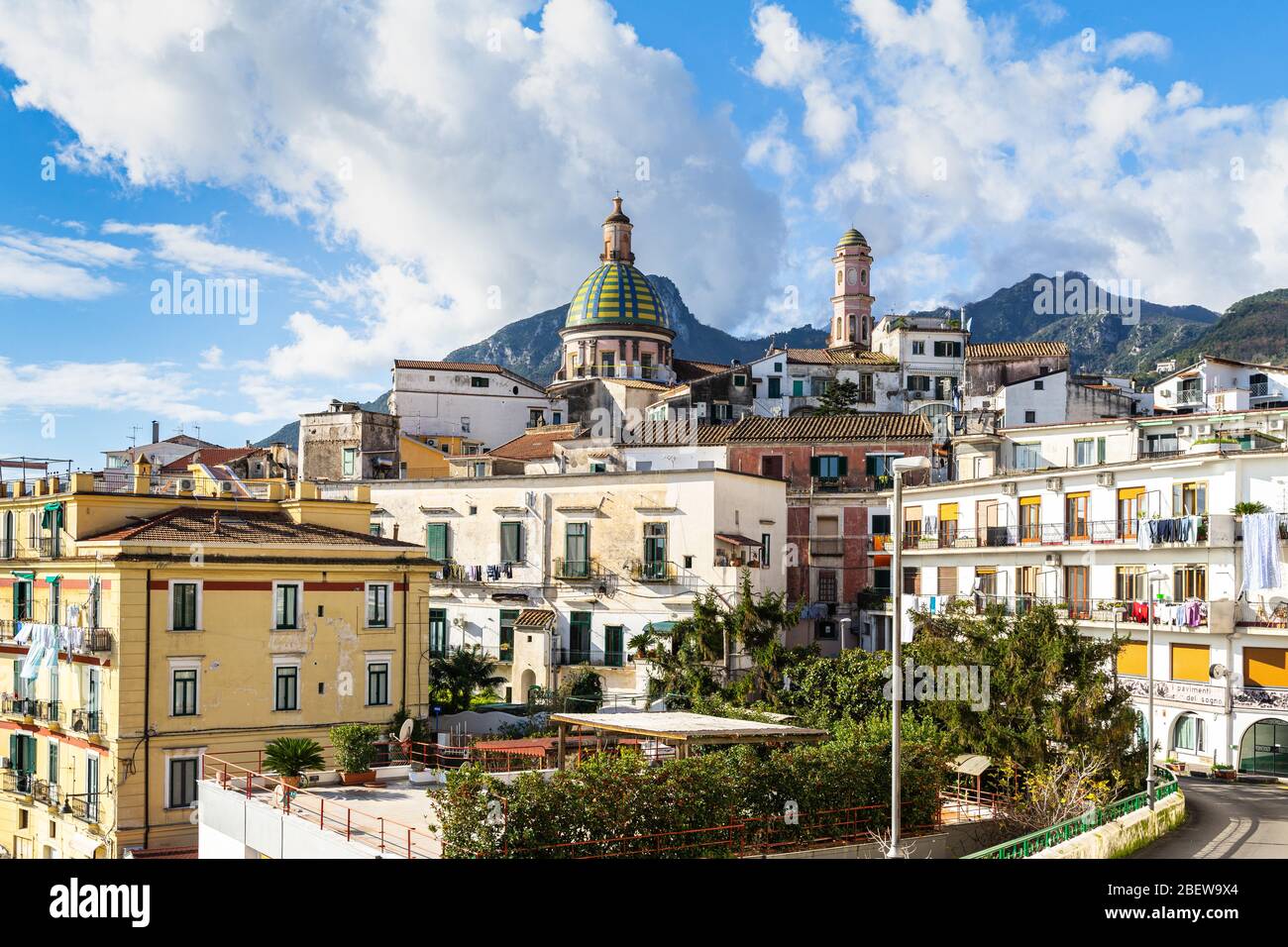 View of Vietri sul Mare old town dominated by the church of San Giovanni Battista, Campania, Italy Stock Photo