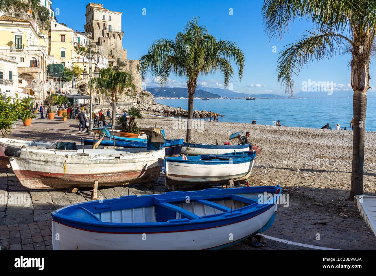 Colorful fishing boats at Cetara beach, a small town on the Amalfi Coast famous for the “colatura di alici” fish sauce, Campania, Italy Stock Photo