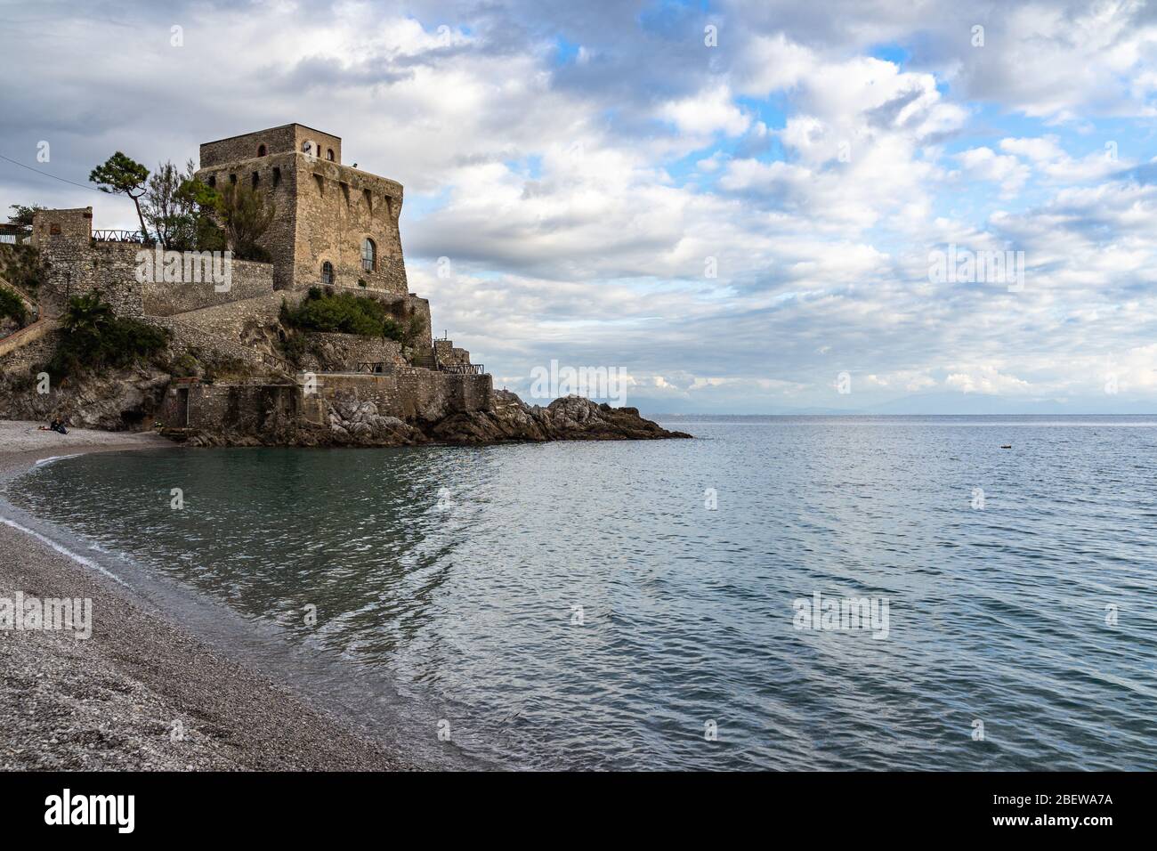 The beach of Erchie, a small village on the Amalfi Coast dominated by the Cernaiola tower, Campania, Italy, Stock Photo