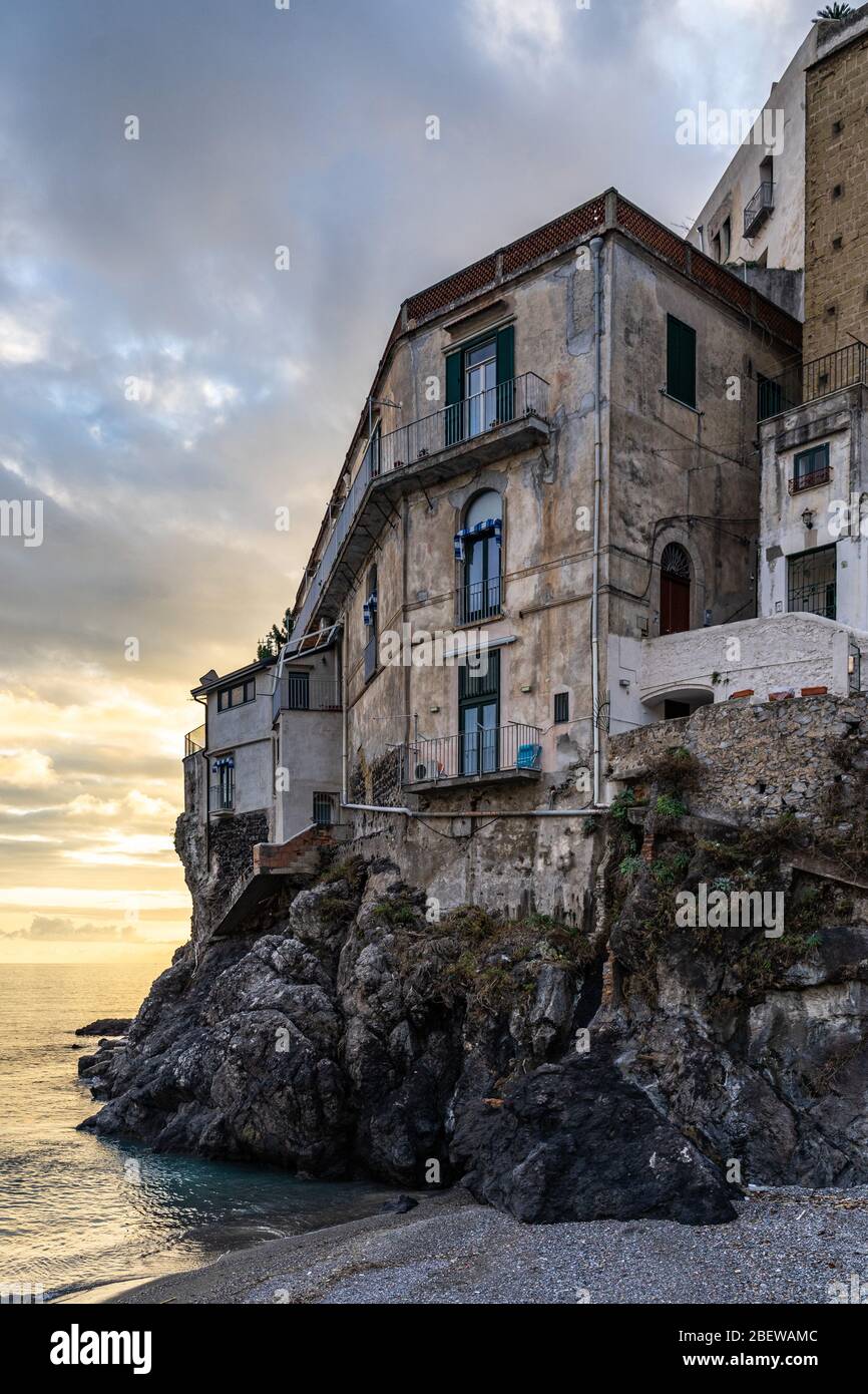 An ancient building overlooking the beach of Minori, a small town on the Amalfi Coast, Campania, Italy Stock Photo