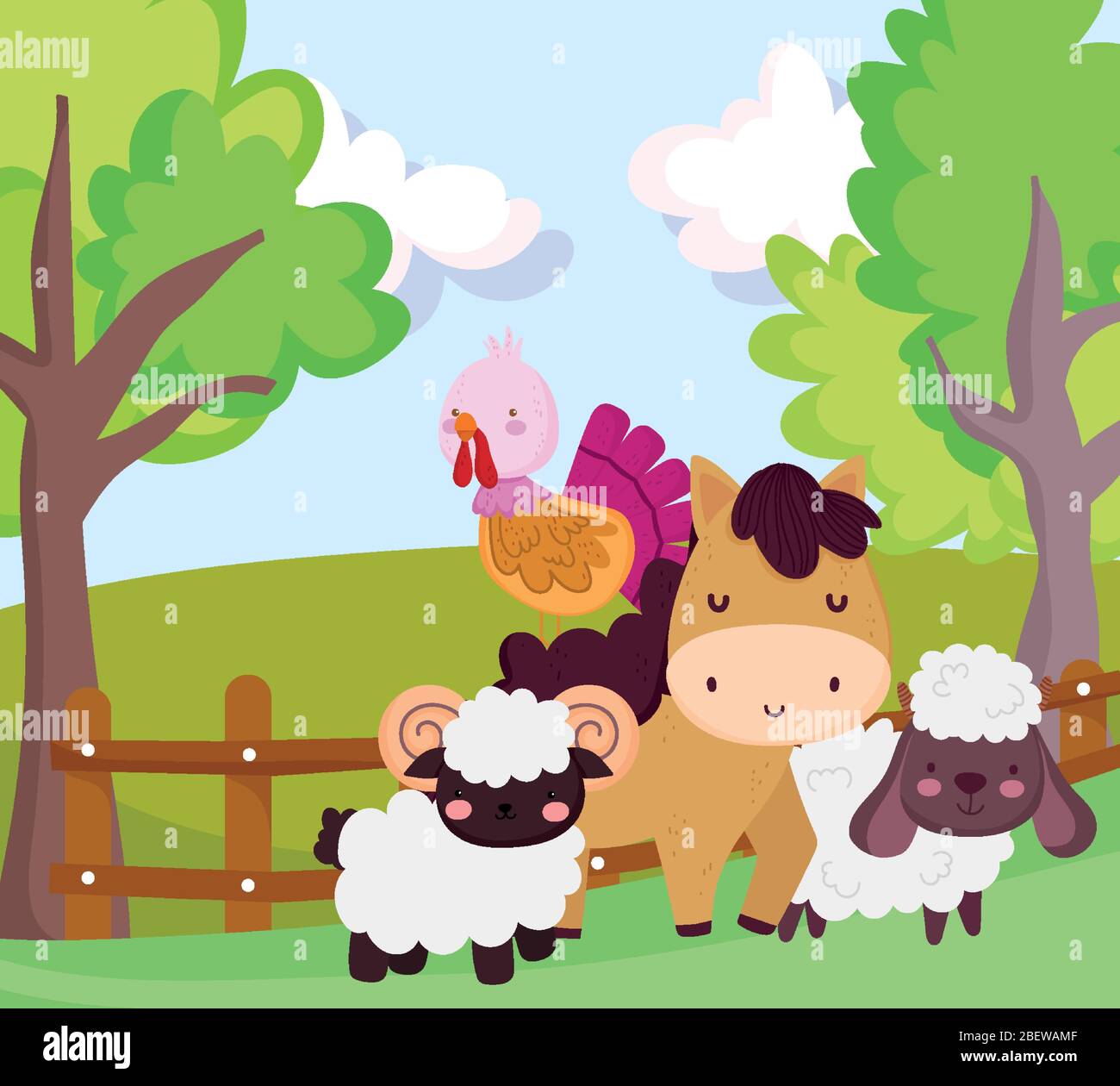 farm animals horse turkey goat sheep wooden fence trees vector ...