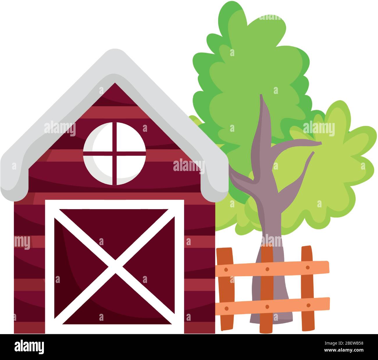 barn tree wooden fence farm cartoon isolated icon on white background vector illustration Stock Vector