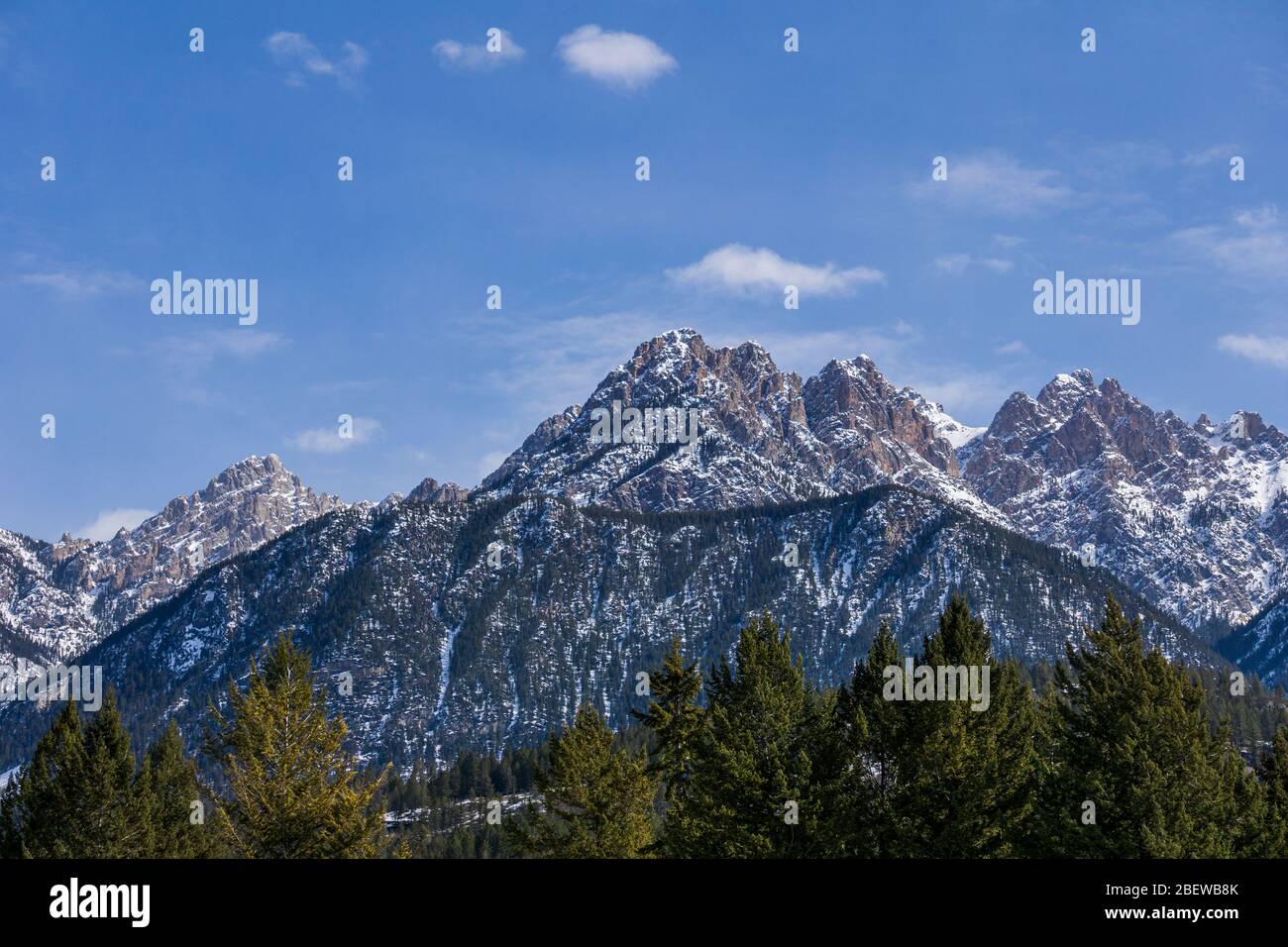 close-up view of the mountain peak with trees and snow on it sunny ...