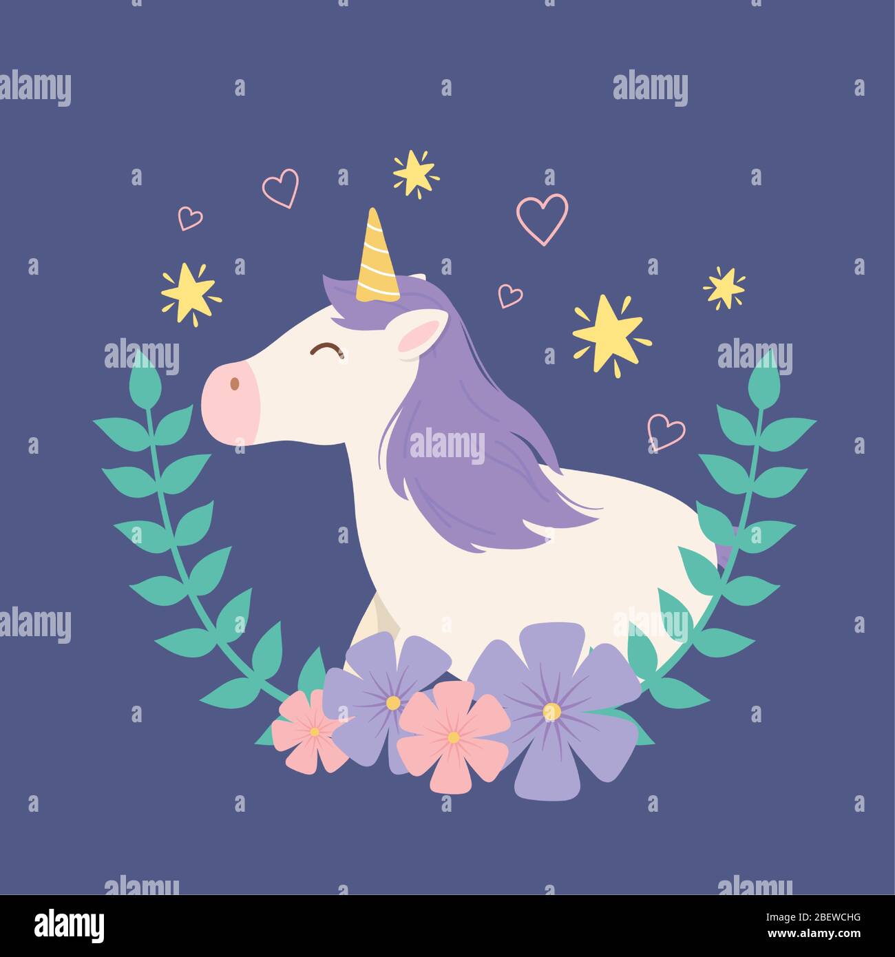 unicorn wreath flowers stars magical fantasy cartoon cute animal vector ...