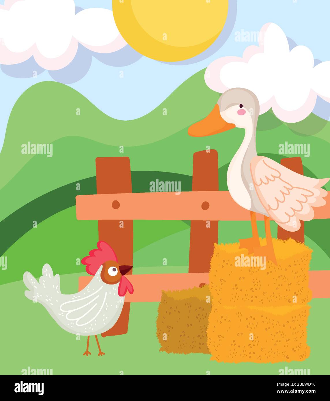 farm animals goose and rooster hay wooden fence cartoon vector ...