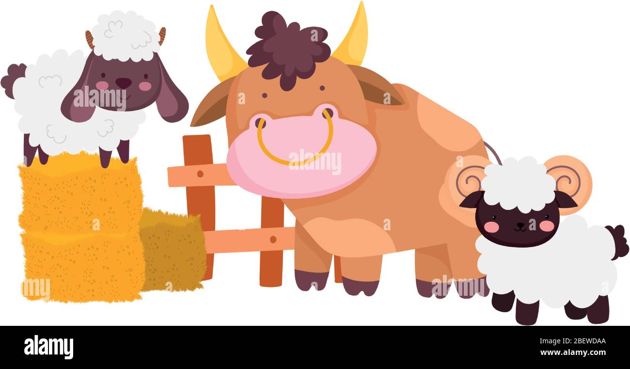 farm animals bull goat sheep in hay wooden fence cartoon vector ...