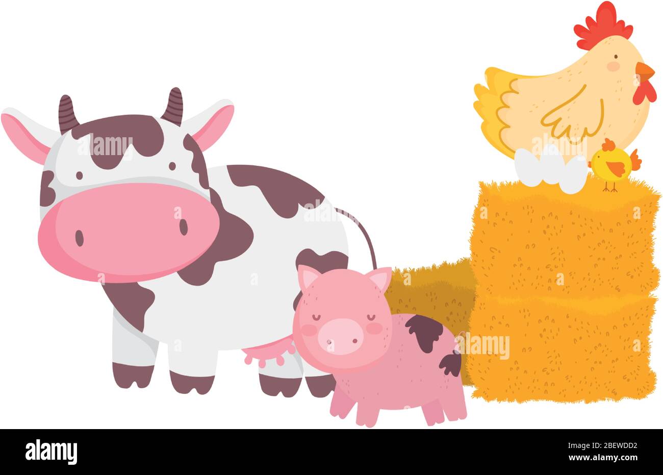 Farm Animals Pig Cow Hen And Eggs On Hay Cartoon Vector Illustration 