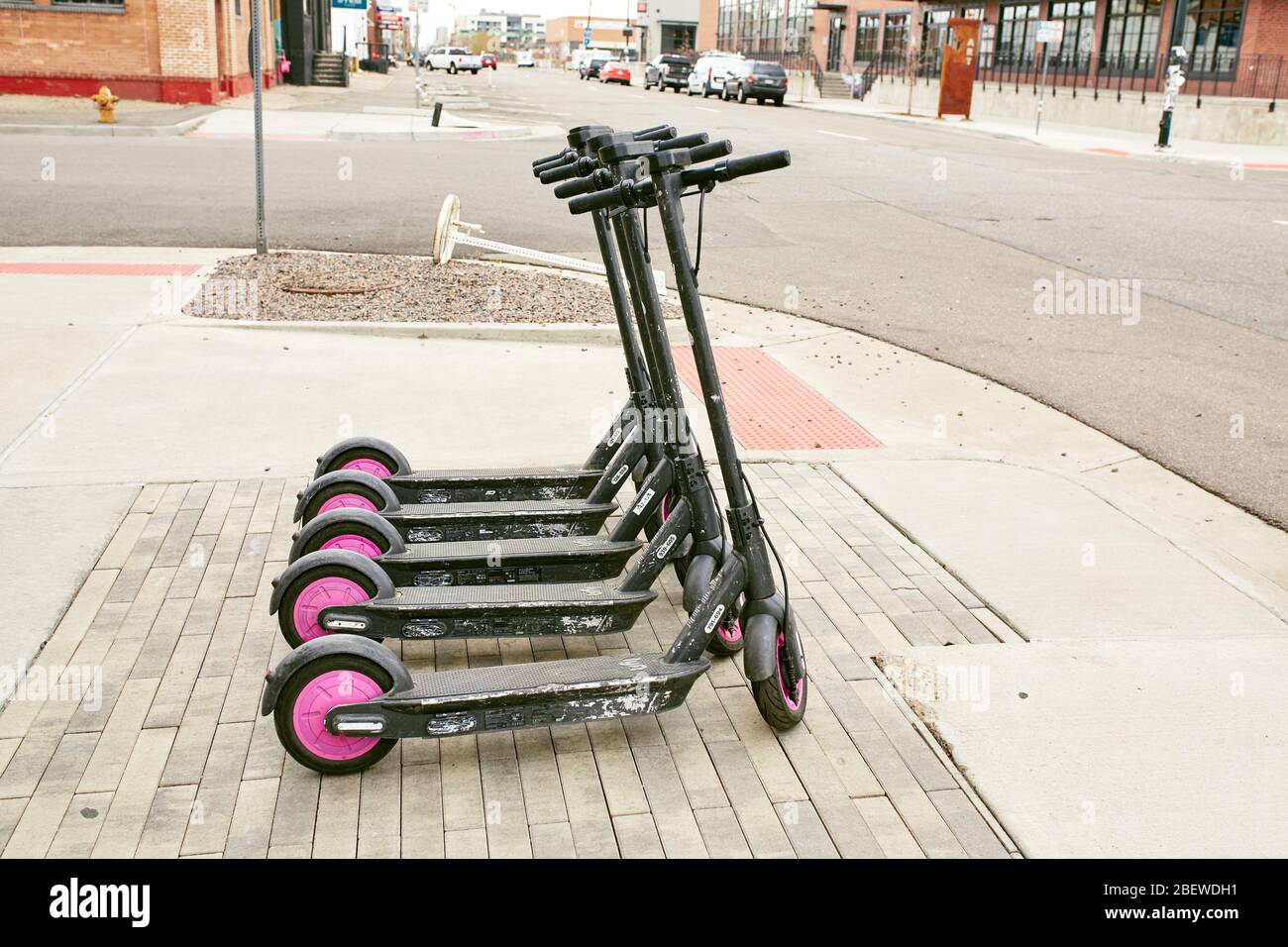Denver, Colorado April 15th, 2020 Unused Lyft Scooters on quiet