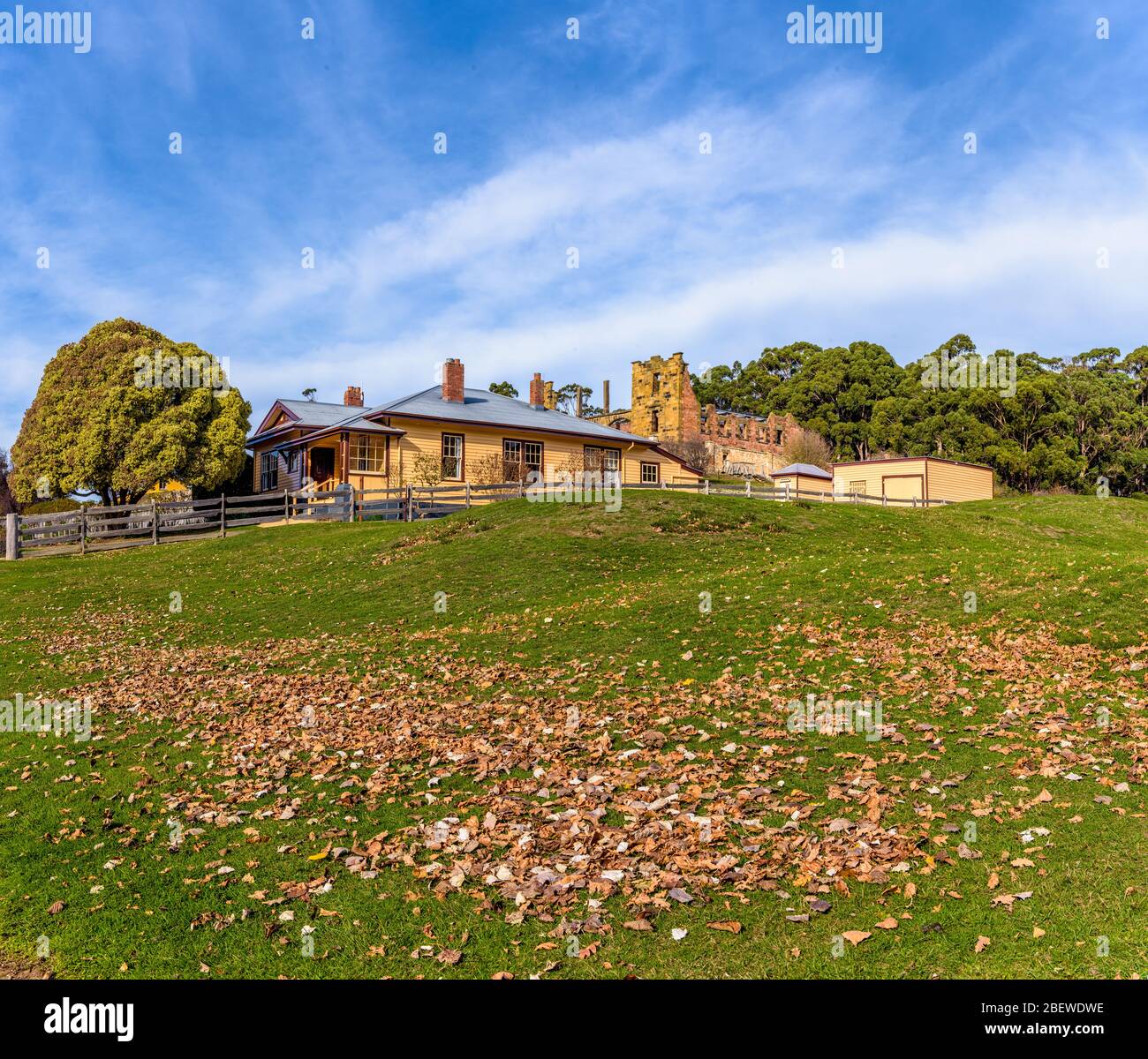 Foreground grassy paddock with fallen leaves leading to the Canadian Cottage Port Arthur Historical site in Tasmania Australia. Stock Photo