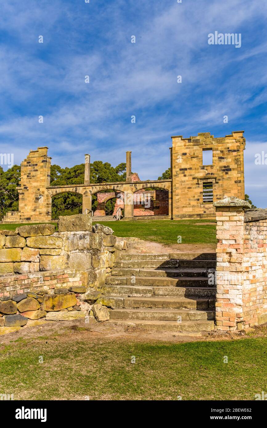 Stone stairs leading to the hospital at Port Arthur historic penal colony settlement in Tasmania, Australia Stock Photo