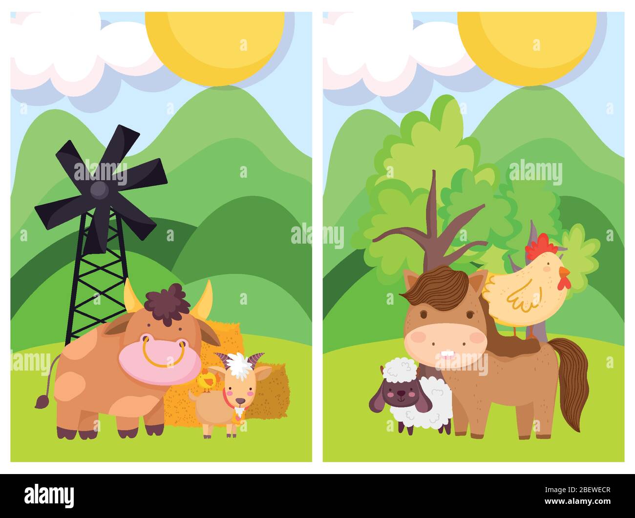 farm animals bull ram horse sheep hen windmill trees cartoon vector ...