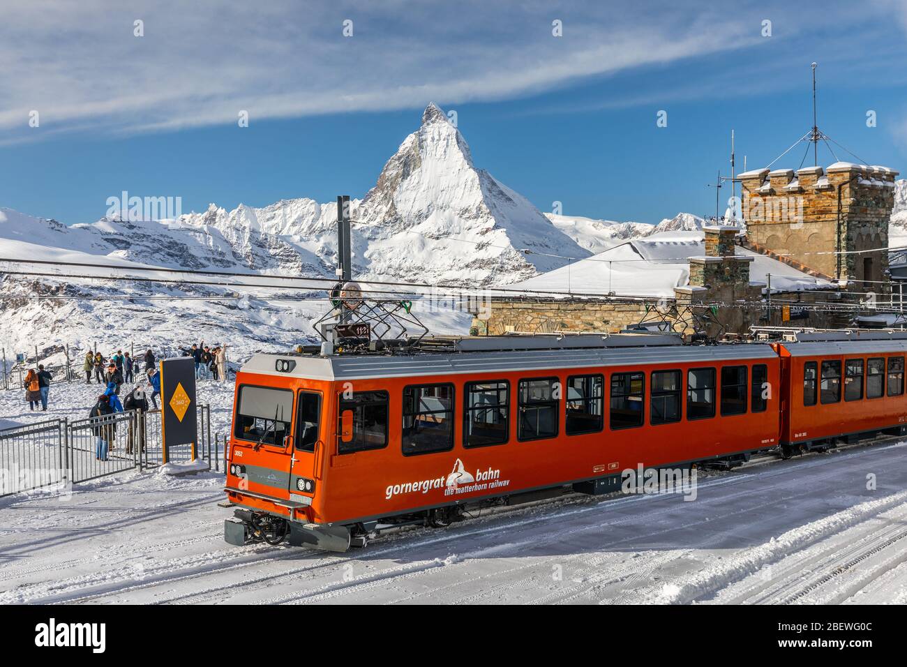 Gornergrat, Zermatt, Switzerland - November 12, 2019: Red cable car train  on snowy railway at summit station with background of Matterhorn summit in  w Stock Photo - Alamy