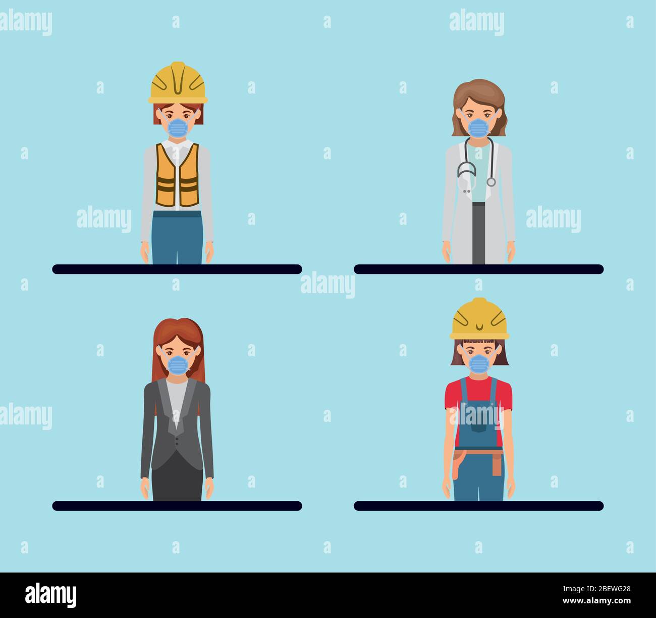 Women workers with masks against 2019 ncov virus vector design Stock ...