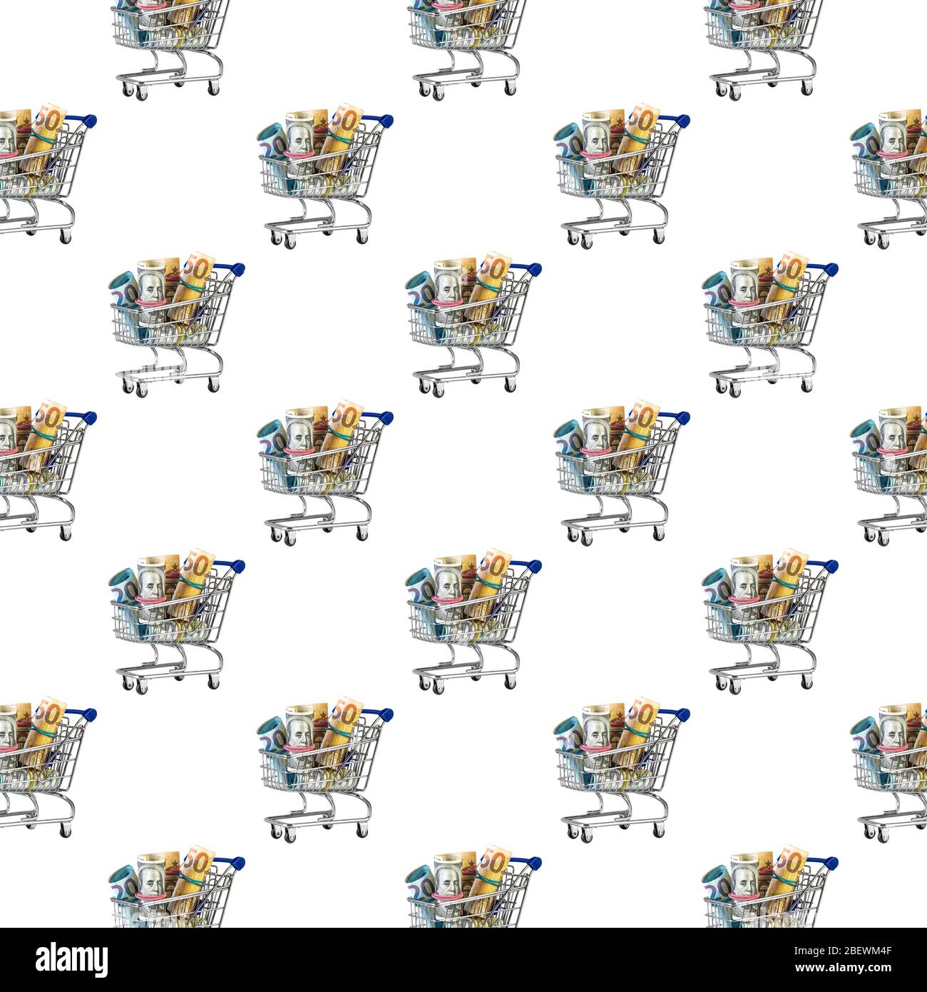 Seamless pattern. Shopping cart full of money isolated on white background. Multi currency basket concept. online shopping or financial success Stock Photo