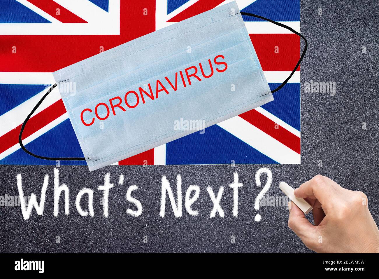 Flag of Great Britain with disposable mask and CORONAVIRUS inscription. Global COVID-19 coronavirus pandemic Stock Photo
