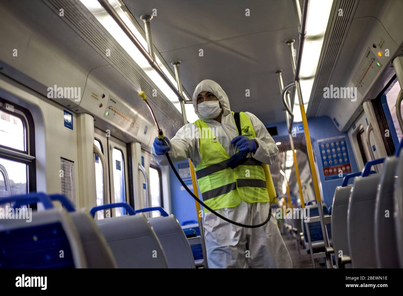 Buenos Aires, Federal Capital, Argentina. 15th Apr, 2020. The cleaning and disinfection protocols in trains, buses and public spaces, in the City of Buenos Aires, to counteract the Coronavirus Pandemic is essential, and now more so since the measure of Preventive and Compulsory Social Isolation runs until April 23 Credit: Roberto Almeida Aveledo/ZUMA Wire/Alamy Live News Stock Photo