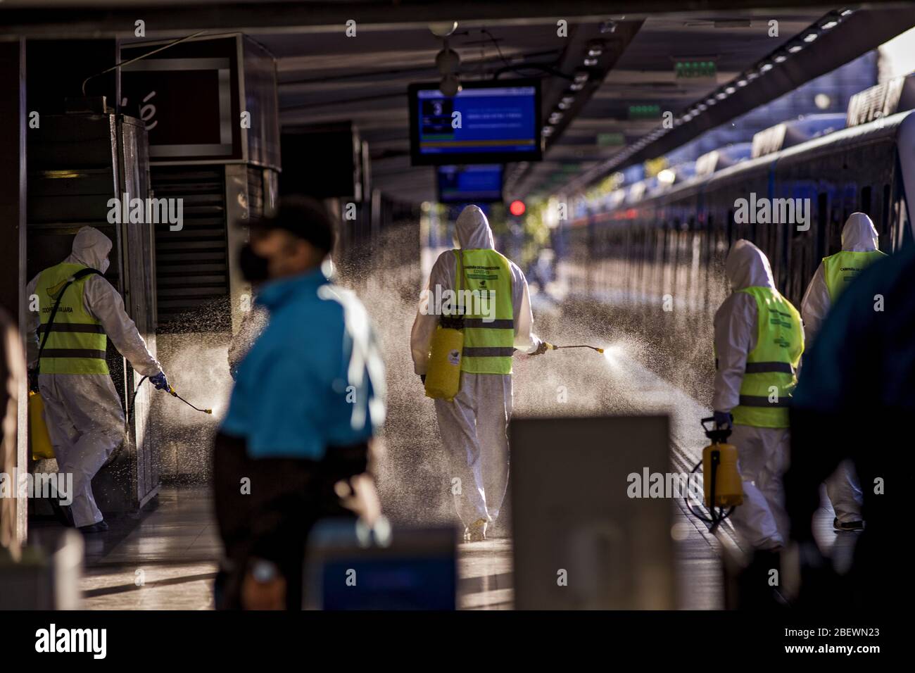 Buenos Aires, Federal Capital, Argentina. 15th Apr, 2020. The cleaning and disinfection protocols in trains, buses and public spaces, in the City of Buenos Aires, to counteract the Coronavirus Pandemic is essential, and now more so since the measure of Preventive and Compulsory Social Isolation runs until April 23 Credit: Roberto Almeida Aveledo/ZUMA Wire/Alamy Live News Stock Photo