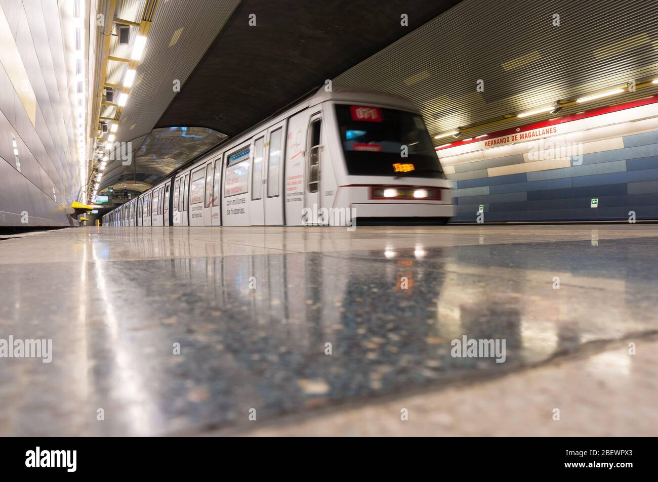 SANTIAGO, CHILE - OCTOBER 2015: A Santiago Metro train at a station of Line 1 Stock Photo