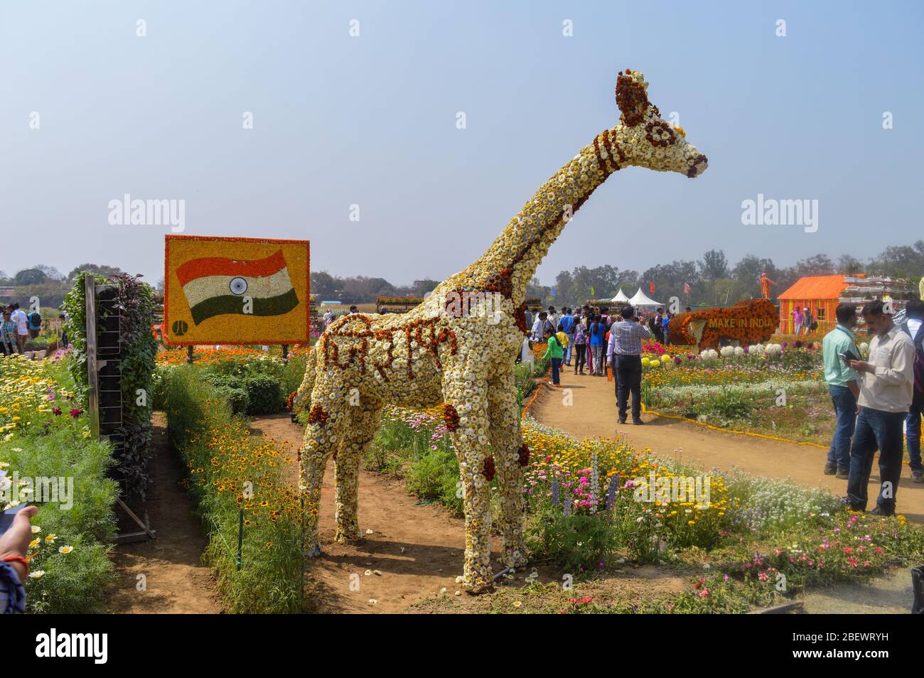 The giraffe which is made of cotton and news paper, flowers are there for exhibition at pusa