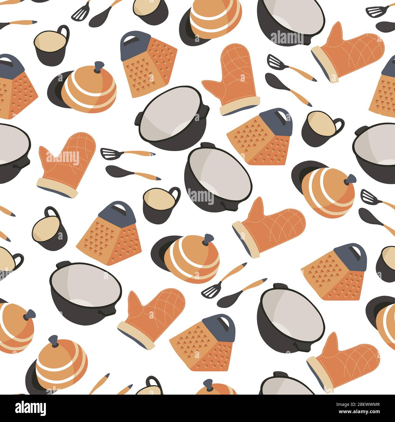 Kitchenware seamless pattern, saucepan with gloves and spatula Stock Vector
